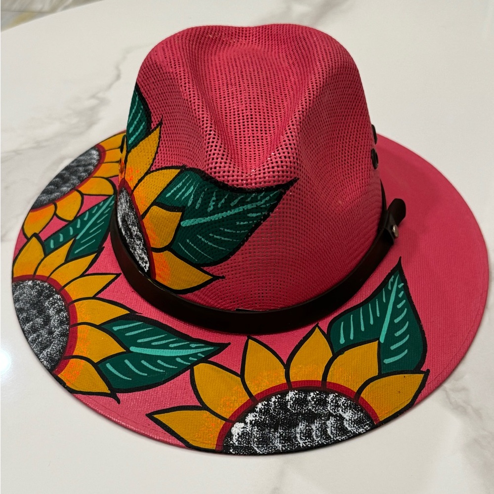 MEXICAN Artisan Hat Hand Painted Fedora Floral Sombrero Panama Bohemian Pink M